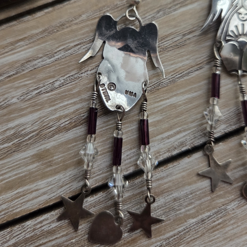 SterlingSilver & Burgundy VTG Angel Dangle Earrings Whimical Goth Southwestern - Picture 5 of 7